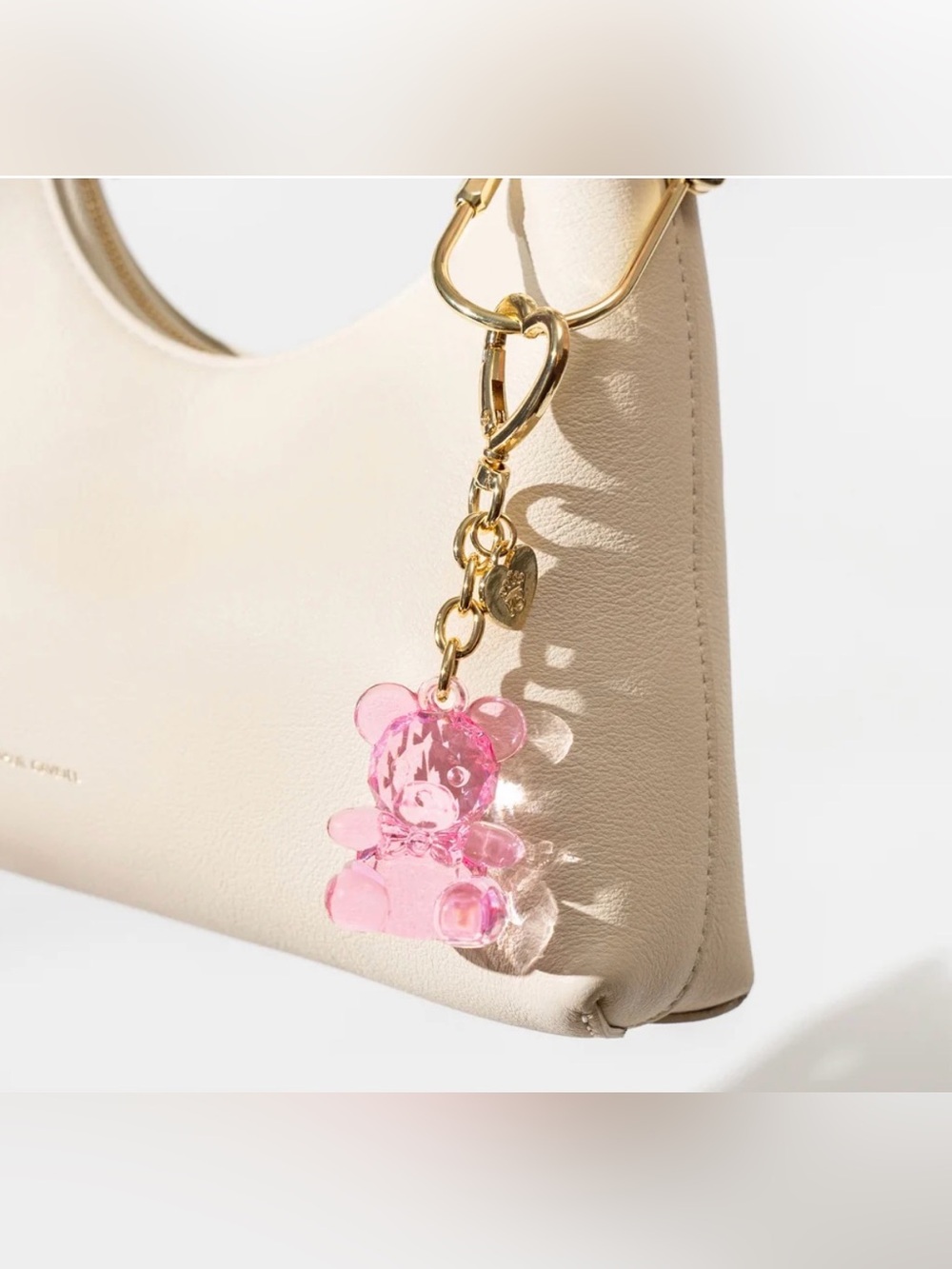 Gold Carabiner, Chain & Pink Bear and Gold Heart Bag Charms & Case Insert NWT